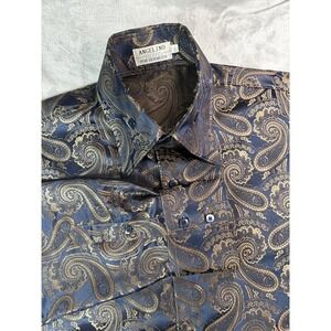 Angelino Dress Shirt Mens 2XL Blue Gold Paisley Microfiber Long Sleeve Party